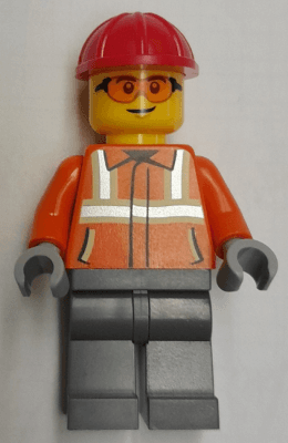Construction Worker - Male, Reddish Orange Safety Jacket with Reflective Stripes, Dark Bluish Gray Legs, Red Construction Helmet, Safety Glasses