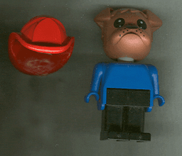 Fabuland Bulldog - Bertie Bulldog (Fireman), Brown Head, Red Fire Helmet, Blue Top