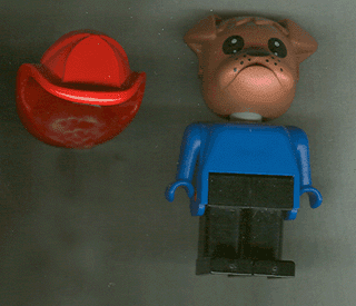 Fabuland Bulldog - Bertie Bulldog (Fireman), Brown Head, Red Fire Helmet, Blue Top