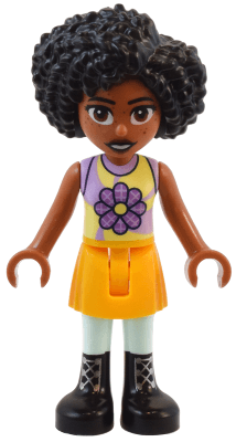 Friends Jamila - Bright Light Yellow and Lavender Sleeveless Shirt, Bright Light Orange Skirt, Black Boots