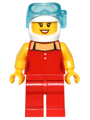 Red Female Top with 2 White Buttons and Black Straps, Red Legs, White Helmet, Scuba Mask, Dark Orange Lips, Open Mouth Smile