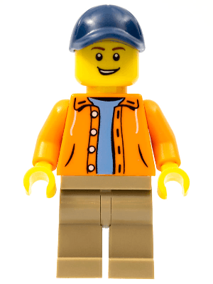 Orange Jacket with Hood over Light Blue Sweater, Dark Tan Legs, Dark Blue Cap with Hole