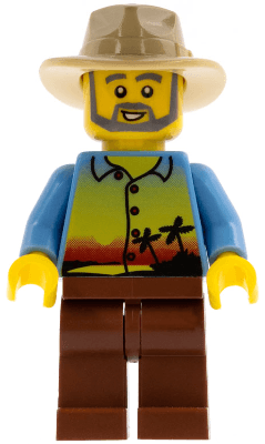 Sunset and Palm Trees - Male, Reddish Brown Legs, Tan Fedora, Beard