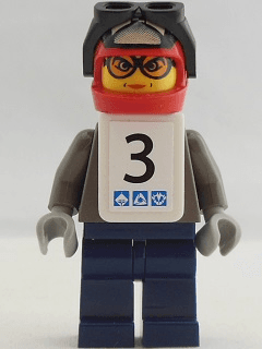 Snowboarder, Dark Gray Shirt, Dark Blue Legs, White Vest, Number 3 Sticker on Both Sides