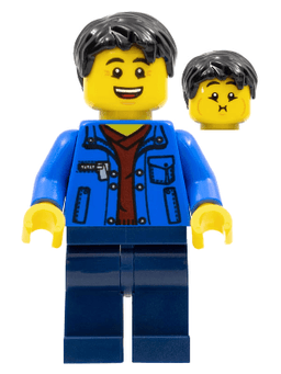 Man, Black Hair, Blue Jacket, Dark Red Shirt, Dark Blue Legs