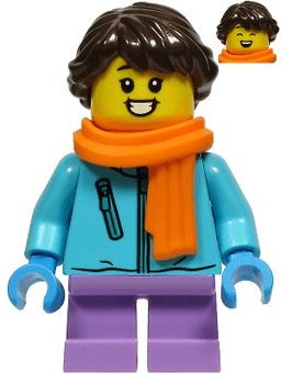 Girl - Medium Azure Winter Jacket, Medium Lavender Short Legs, Dark Brown Hair, Orange Scarf