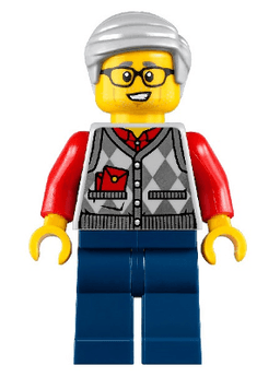 Grandfather, Argyle Cardigan over Red Shirt, Dark Blue Legs, Light Bluish Gray Hair
