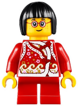 Child - Girl, Red Shirt with Bows and Flowers, Red Short Legs, Black Short Hair, Glasses, Freckles