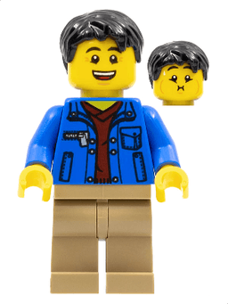 Man, Black Hair, Blue Jacket, Dark Red Shirt, Dark Tan Legs