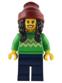 Holiday Shopper - Female, Bright Green Sweater with Bright Light Yellow Zigzag Lines, Dark Blue Legs, Dark Red Beanie with Black Hair