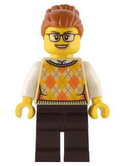 Santa's Toys and Games Store Owner - Female, Tan Knit Argyle Sweater Vest, Dark Brown Legs, Dark Orange Hair with Bun, Glasses