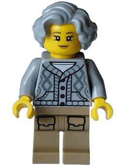 Lodge Owner - Female, Light Bluish Gray Knit Cable Cardigan Sweater, Dark Tan Legs with Pockets, Wavy Hair