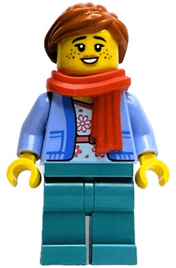 Wintertime Carriage Passenger - Female, Bright Light Blue Jacket over White Shirt with Coral Flowers, Dark Turquoise Legs, Dark Orange Ponytail, Freckles, Red Scarf