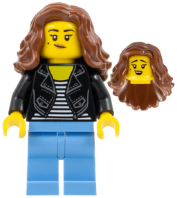 Woman - Black Jacket over Striped Shirt, Medium Blue Legs, Reddish Brown Long Hair
