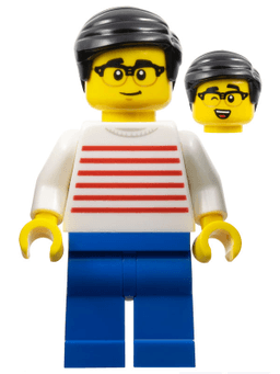 Man - White Sweater with Red Horizontal Stripes, Blue Legs, Black Hair, Glasses