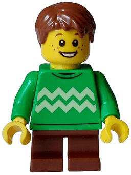 Child - Boy, Bright Green Sweater with Bright Light Yellow Zigzag Lines, Reddish Brown Short Legs and Hair Tousled with Side Part, Freckles