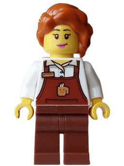 Barista Hot Chocolate Stand - Female, Reddish Brown Apron with Cup and Name Tag, Reddish Brown Legs, Dark Orange Hair with Braid