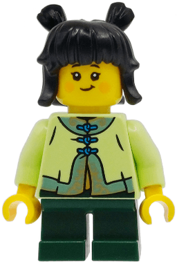Child - Girl, Yellowish Green Tang Jacket, Dark Green Short Legs, Black Hair with Buns