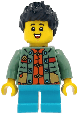 Child - Boy, Sand Green Sweater over Reddish Orange Tang Jacket, Medium Azure Short Legs, Black Spiked Hair