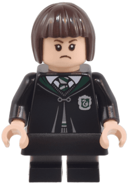Pansy Parkinson - Slytherin Robe Clasped, Black Skirt, Black Short Legs with Dark Bluish Gray Stripes