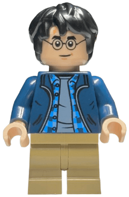 Harry Potter - Dark Blue Open Jacket over Plaid Shirt with Collar and Sand Blue Shirt, Dark Tan Medium Legs