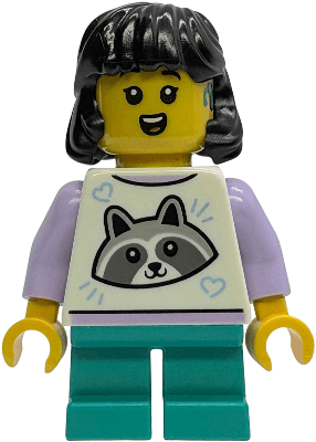 Child - Girl, White Top with Raccoon, Dark Turquoise Short Legs, Black Midlength Hair, Hearing Aid