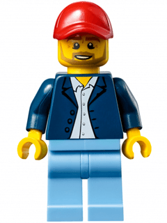 Race Official - Male, Dark Blue Blazer over White Button Down Shirt, Medium Blue Legs, Red Cap with Hole, Beard