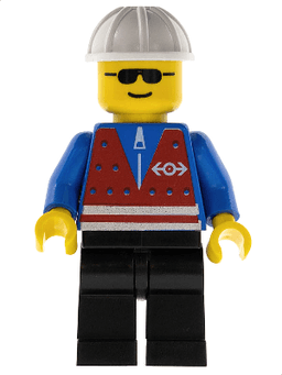 Red Vest and Zipper - Black Legs, White Construction Helmet, Sunglasses