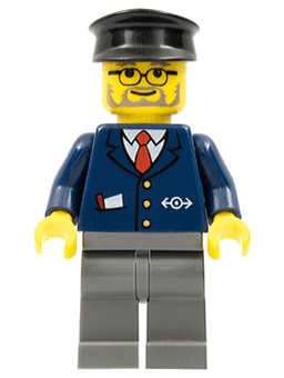 Dark Blue Suit with Train Logo, Dark Bluish Gray Legs, Black Hat, Gray Beard