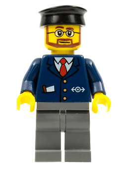 Dark Blue Suit with Train Logo, Dark Bluish Gray Legs, Black Hat, Beard and Glasses