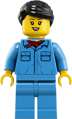 Train Worker - Female, Black Hair, Medium Blue Shirt with Red Bandana, Medium Blue Legs