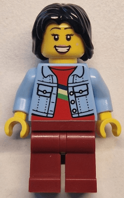 Woman - Bright Light Blue Denim Jacket, Dark Red Legs, Black Mid-Length Tousled Hair