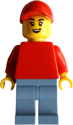 Bike Burger Cart Driver - Female, Red Torso, Sand Blue Legs, Red Cap