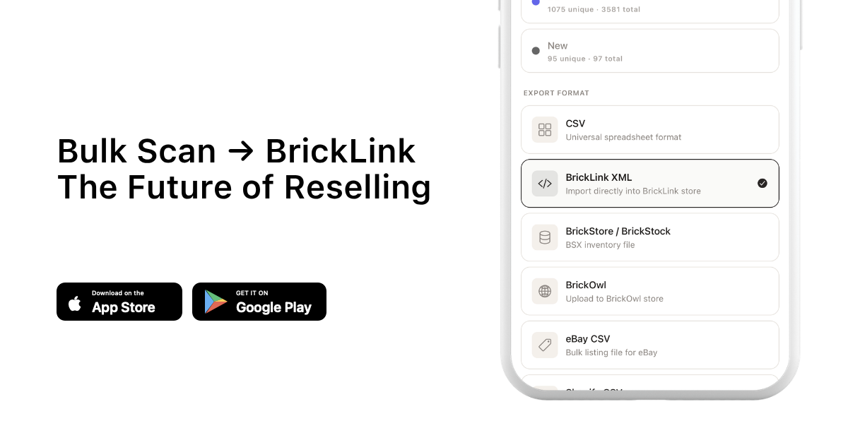 Bulk Scan → BrickLink The Future of Reselling with brick'em app download buttons