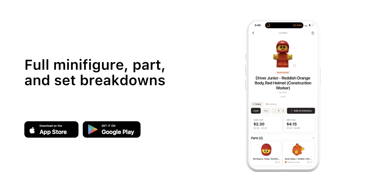 l minifigure, part, and set breakdowns with brick'em app download buttons