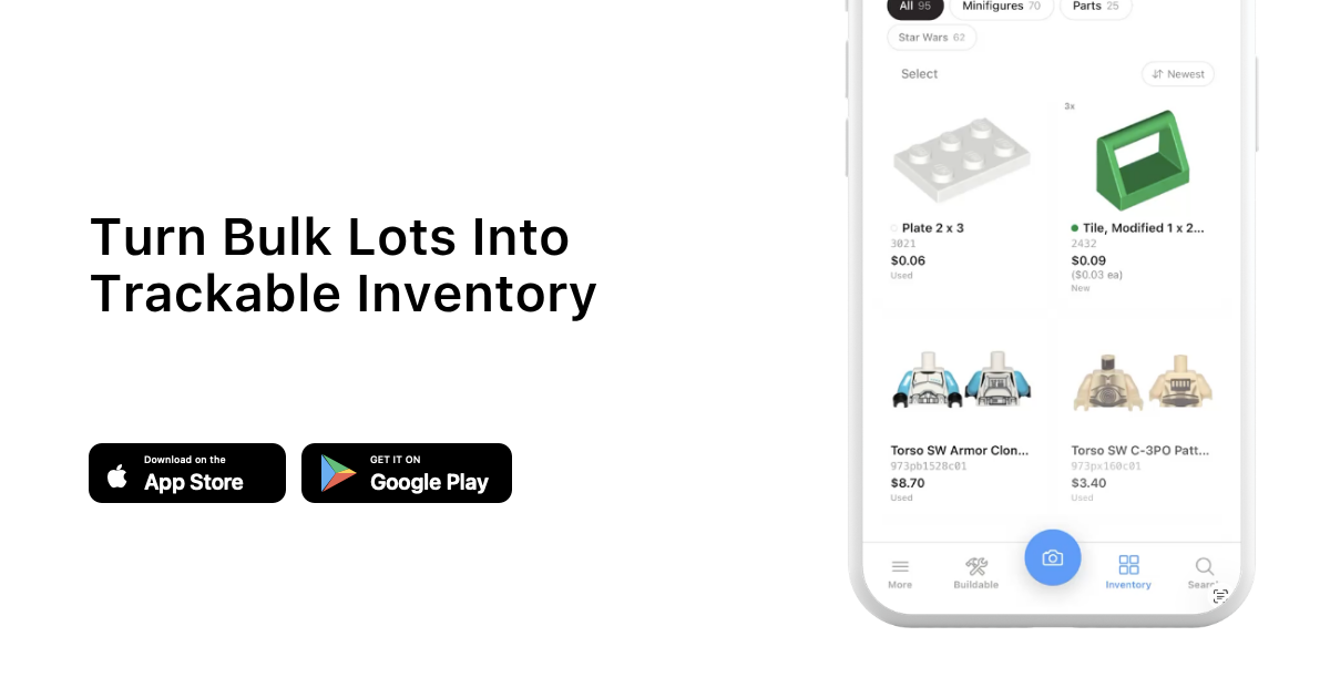 Turn Bulk Lots Into Trackable Inventory with brick'em app download buttons