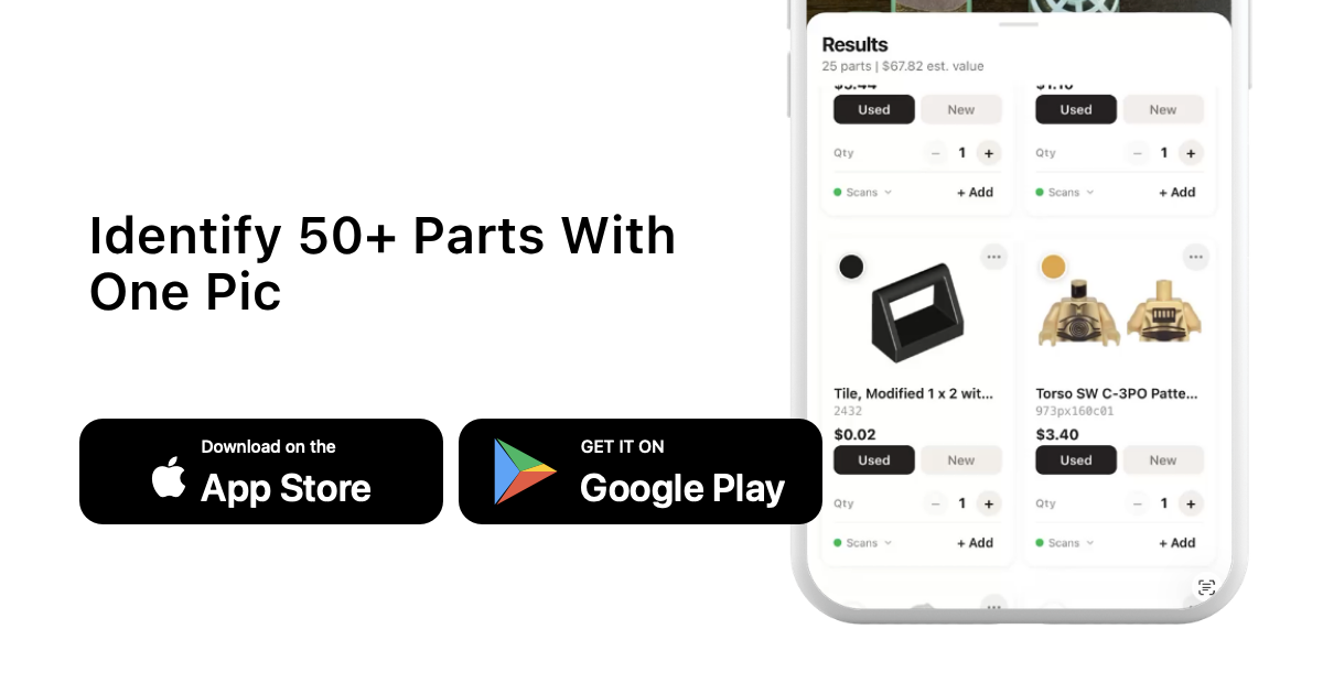 Identify 50+ Parts With One Pic with brick'em app download buttons